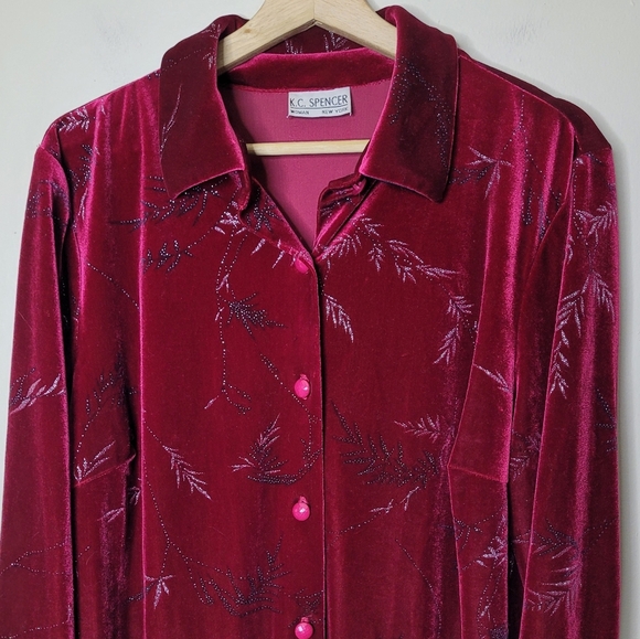 Vintage K.C. Spencer Velour Blouse Sparkle Floral Button Front Holiday L/XL - Picture 4 of 8